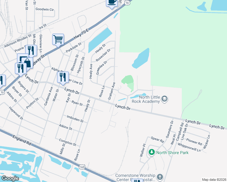 map of restaurants, bars, coffee shops, grocery stores, and more near 705 Graham Avenue in North Little Rock