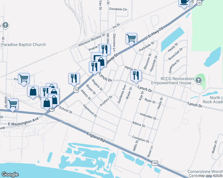 map of restaurants, bars, coffee shops, grocery stores, and more near 521 Gordon Street in North Little Rock