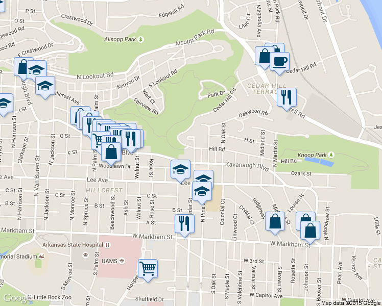 map of restaurants, bars, coffee shops, grocery stores, and more near 1 Yorkshire Place in Little Rock