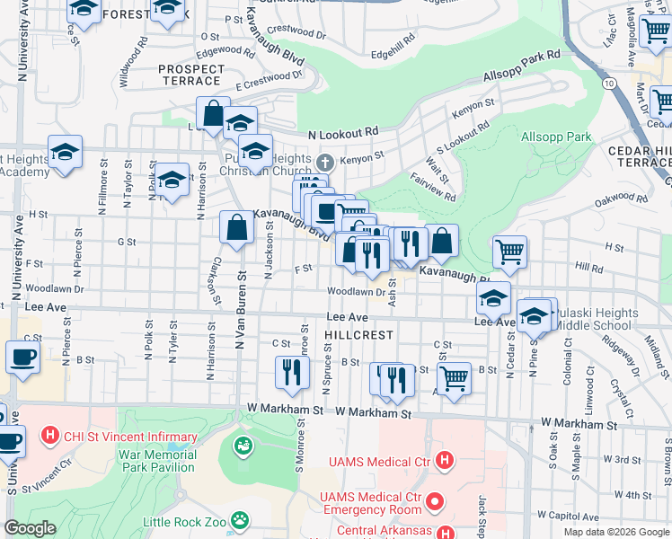 map of restaurants, bars, coffee shops, grocery stores, and more near 2821 Kavanaugh Boulevard in Little Rock