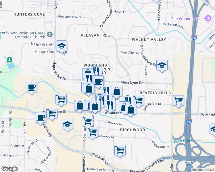 map of restaurants, bars, coffee shops, grocery stores, and more near 11600 Mara Lynn Road in Little Rock