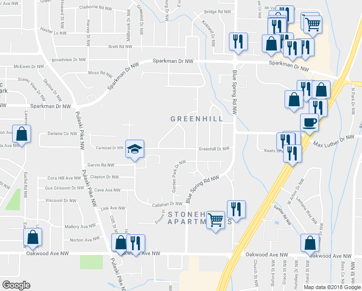map of restaurants, bars, coffee shops, grocery stores, and more near 2504 Greenhill Drive in Huntsville