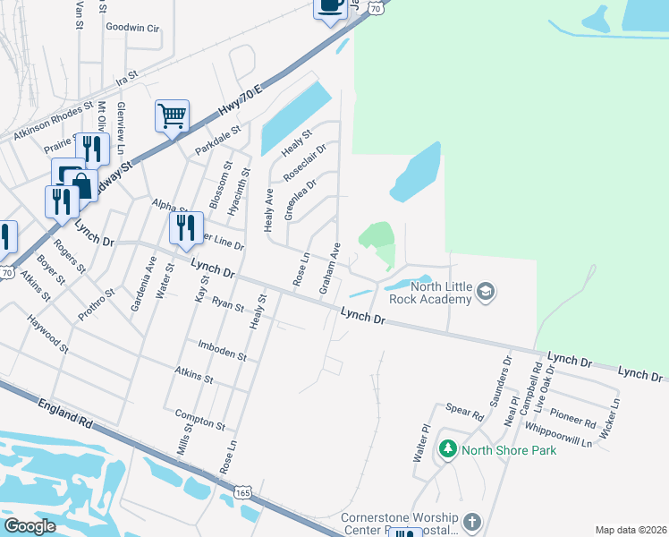 map of restaurants, bars, coffee shops, grocery stores, and more near 705 Graham Avenue in North Little Rock