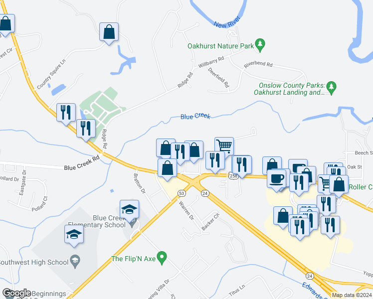 map of restaurants, bars, coffee shops, grocery stores, and more near 244 Cordell Drive in Jacksonville