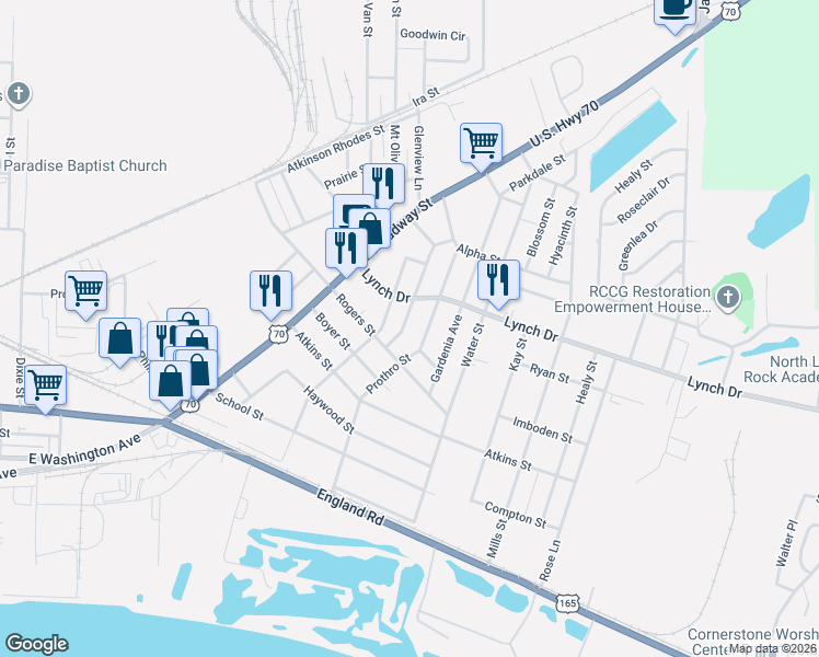 map of restaurants, bars, coffee shops, grocery stores, and more near 521 Gordon Street in North Little Rock