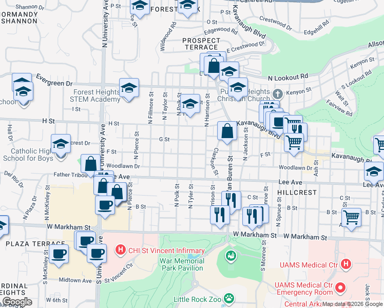 map of restaurants, bars, coffee shops, grocery stores, and more near 5398 F Street in Little Rock
