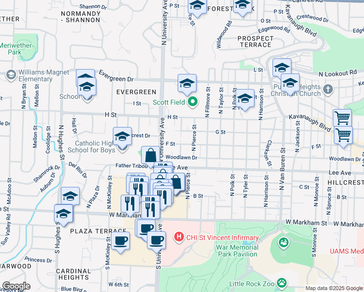 map of restaurants, bars, coffee shops, grocery stores, and more near 5821 F Street in Little Rock