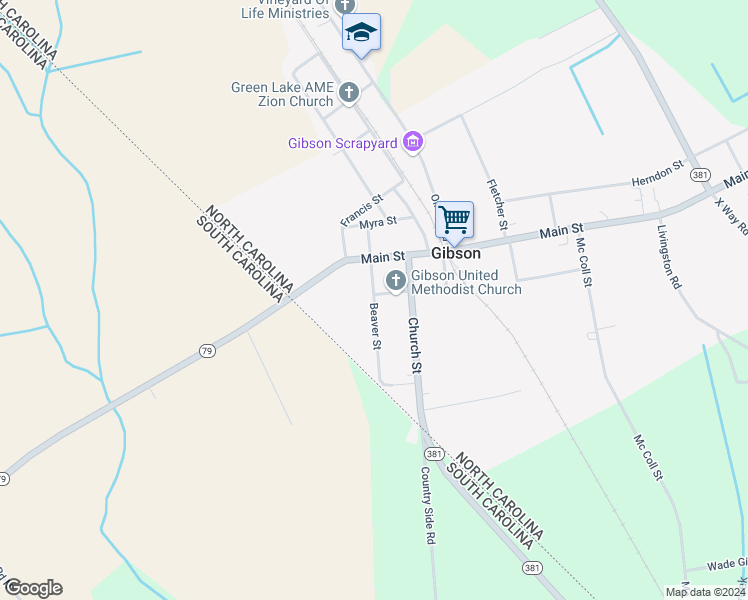 map of restaurants, bars, coffee shops, grocery stores, and more near Beaver Street in Gibson