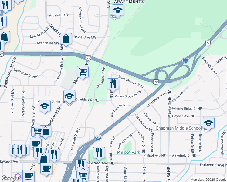 map of restaurants, bars, coffee shops, grocery stores, and more near 2615 Vinyard Street Northeast in Huntsville