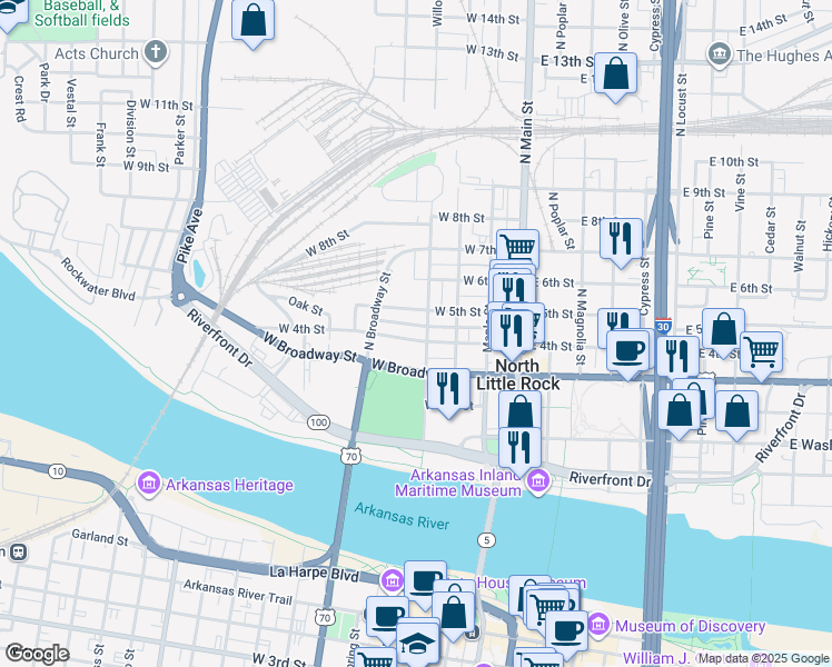map of restaurants, bars, coffee shops, grocery stores, and more near 420 Willow Street in North Little Rock