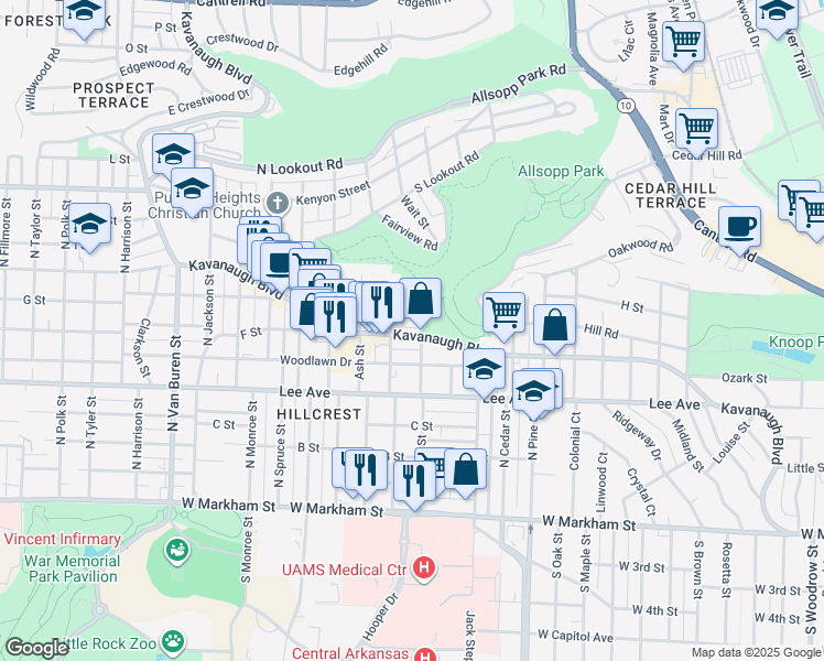 map of restaurants, bars, coffee shops, grocery stores, and more near 708 Rose Street in Little Rock