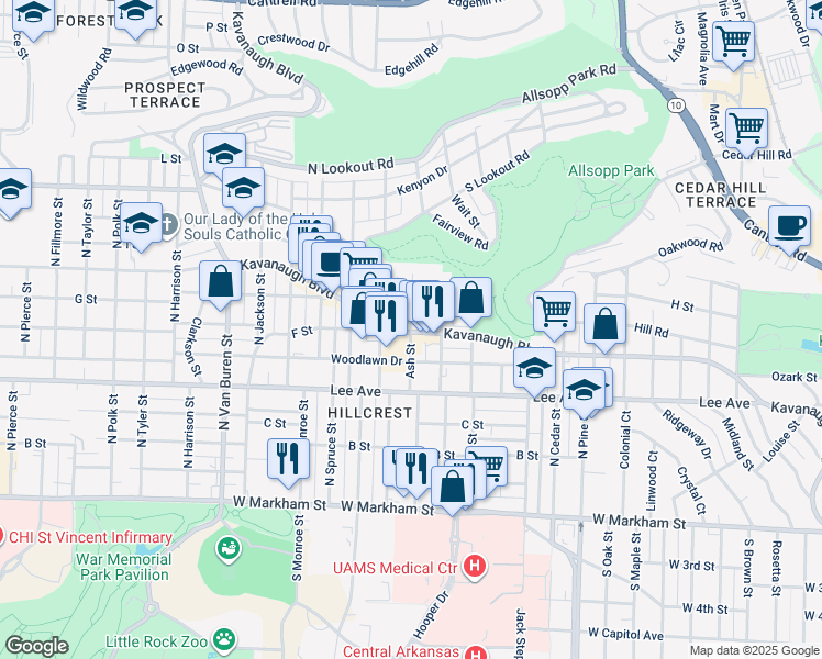 map of restaurants, bars, coffee shops, grocery stores, and more near in Little Rock