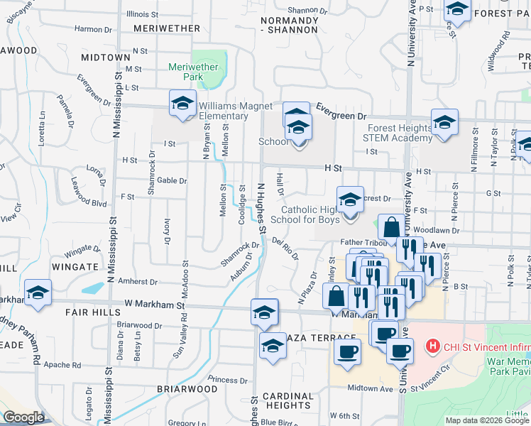 map of restaurants, bars, coffee shops, grocery stores, and more near 3 Pleasant Place Circle in Little Rock