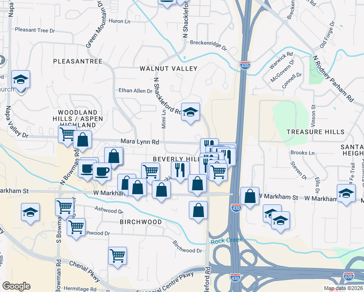 map of restaurants, bars, coffee shops, grocery stores, and more near 10800 Mara Lynn Road in Little Rock