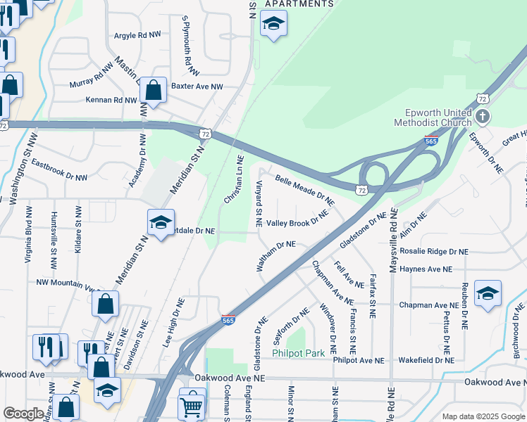 map of restaurants, bars, coffee shops, grocery stores, and more near 2615 Vinyard Street Northeast in Huntsville