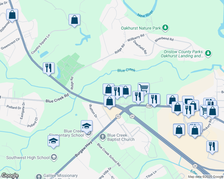 map of restaurants, bars, coffee shops, grocery stores, and more near 3100 Richlands Highway in Jacksonville