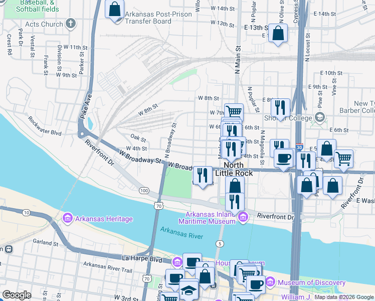 map of restaurants, bars, coffee shops, grocery stores, and more near 420 Willow Street in North Little Rock