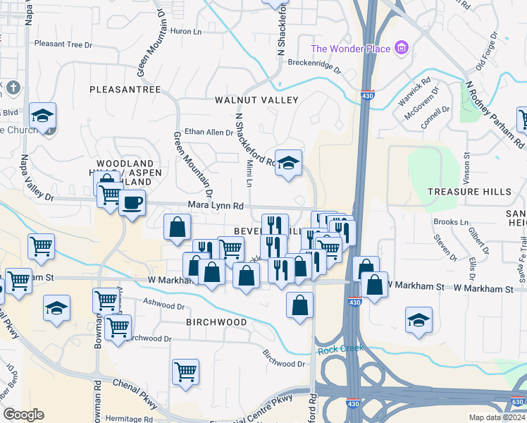map of restaurants, bars, coffee shops, grocery stores, and more near 11124 Mara Lynn Road in Little Rock