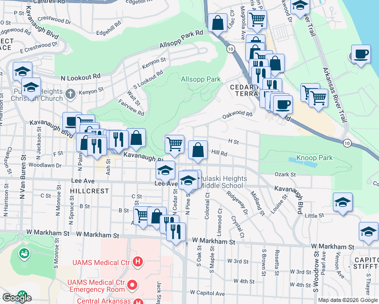 map of restaurants, bars, coffee shops, grocery stores, and more near 3801 Hill Road in Little Rock