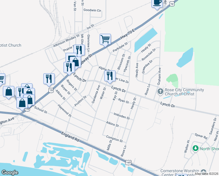 map of restaurants, bars, coffee shops, grocery stores, and more near 600 Water Street in North Little Rock
