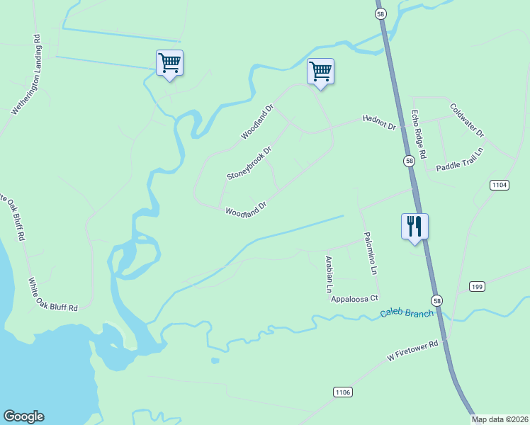 map of restaurants, bars, coffee shops, grocery stores, and more near 458 Woodland Drive in Swansboro