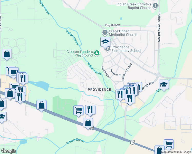 map of restaurants, bars, coffee shops, grocery stores, and more near 16 College Hill Circle Northwest in Huntsville