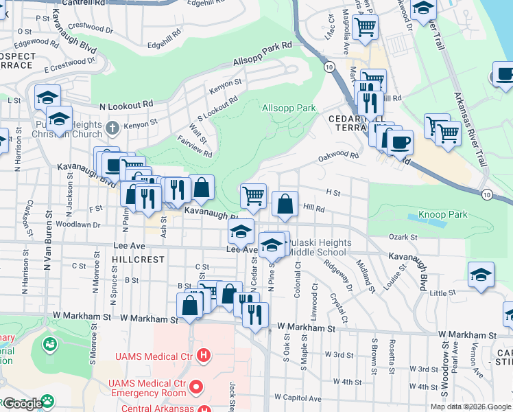 map of restaurants, bars, coffee shops, grocery stores, and more near 1 Yorkshire Place in Little Rock