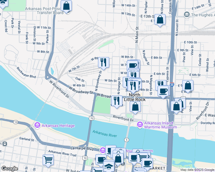 map of restaurants, bars, coffee shops, grocery stores, and more near 407 West 4th Street in North Little Rock
