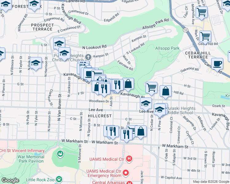 map of restaurants, bars, coffee shops, grocery stores, and more near 714 Walnut Street in Little Rock