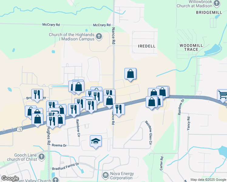 map of restaurants, bars, coffee shops, grocery stores, and more near 158 Nance Road in Madison