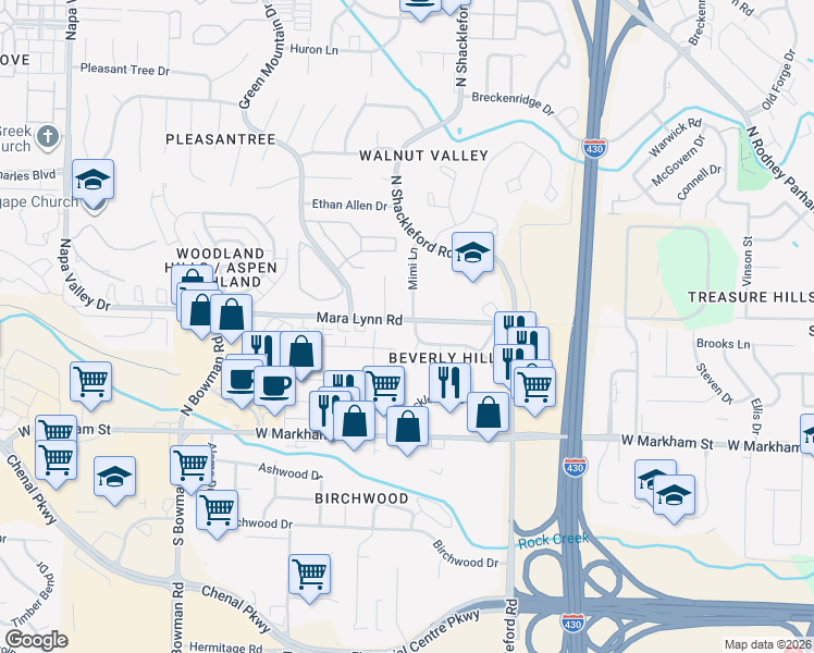 map of restaurants, bars, coffee shops, grocery stores, and more near 505 Nan Circle in Little Rock