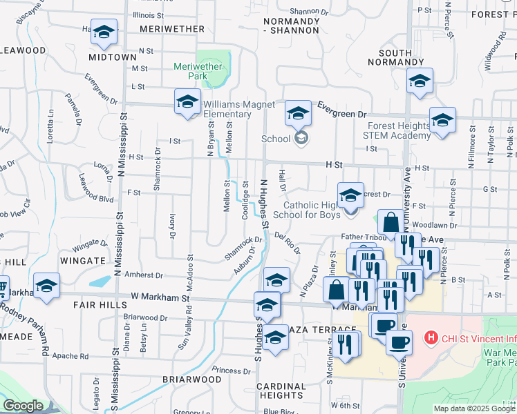 map of restaurants, bars, coffee shops, grocery stores, and more near 608 North Hughes Street in Little Rock