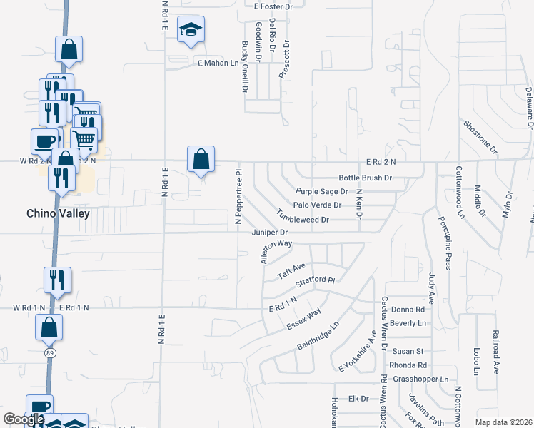 map of restaurants, bars, coffee shops, grocery stores, and more near 1335 Tumbleweed Drive in Chino Valley