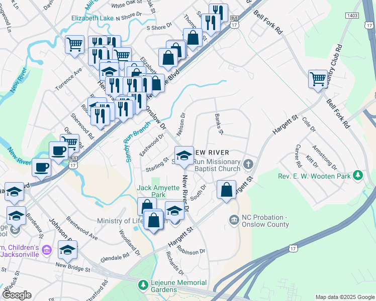 map of restaurants, bars, coffee shops, grocery stores, and more near 2284 Onslow Drive in Jacksonville