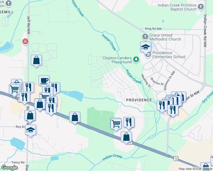 map of restaurants, bars, coffee shops, grocery stores, and more near 107 Hillcrest Avenue Northwest in Huntsville