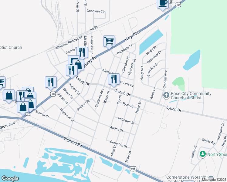 map of restaurants, bars, coffee shops, grocery stores, and more near 600 Water Street in North Little Rock