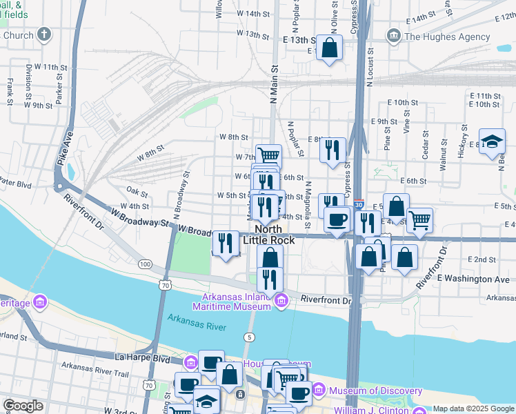 map of restaurants, bars, coffee shops, grocery stores, and more near in North Little Rock
