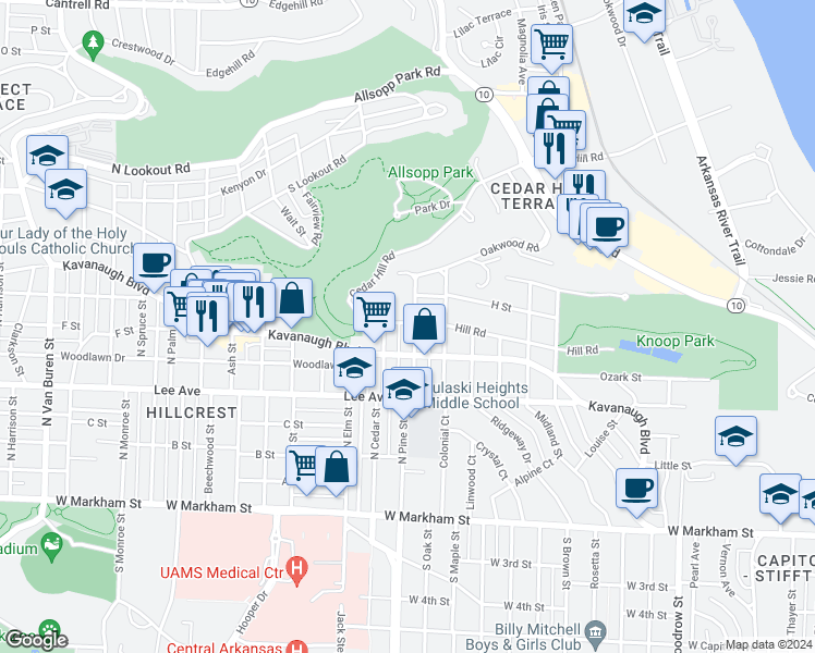 map of restaurants, bars, coffee shops, grocery stores, and more near 3800 Hill Road in Little Rock
