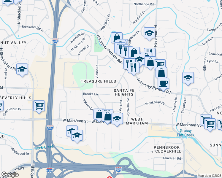map of restaurants, bars, coffee shops, grocery stores, and more near 9710 Treasure Hill Road in Little Rock