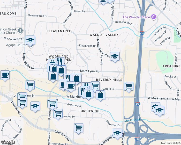 map of restaurants, bars, coffee shops, grocery stores, and more near 504 Green Mountain Drive in Little Rock