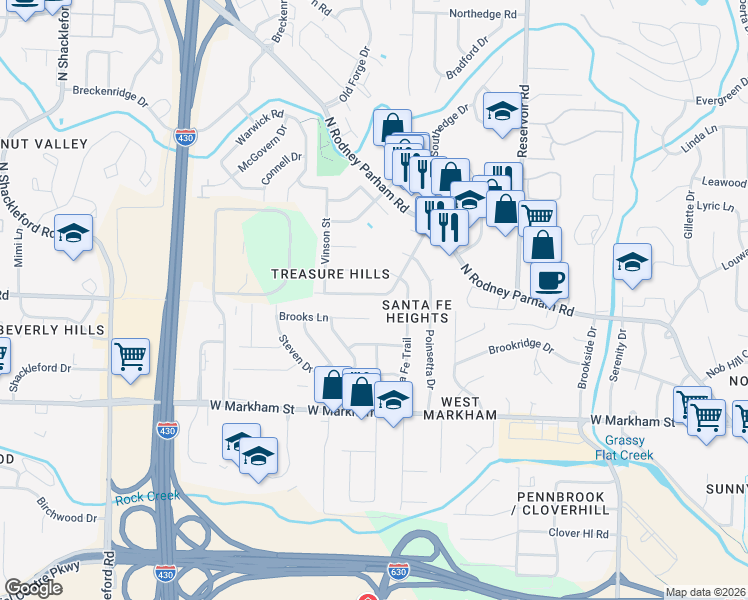 map of restaurants, bars, coffee shops, grocery stores, and more near 9710 Treasure Hill Road in Little Rock
