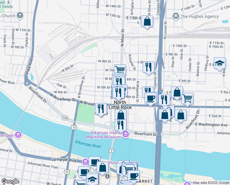 map of restaurants, bars, coffee shops, grocery stores, and more near in North Little Rock