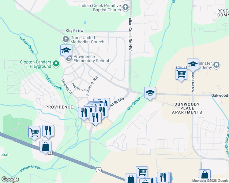 map of restaurants, bars, coffee shops, grocery stores, and more near 1804 Shellbrook Drive Northwest in Huntsville