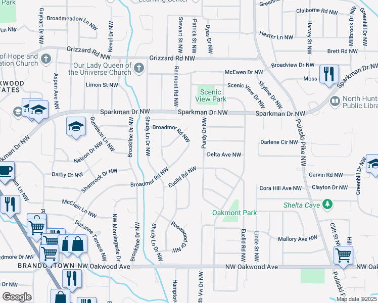 map of restaurants, bars, coffee shops, grocery stores, and more near 3711 Broadmor Road Northwest in Huntsville