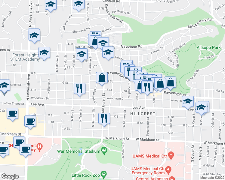 map of restaurants, bars, coffee shops, grocery stores, and more near North Jackson Street in Little Rock