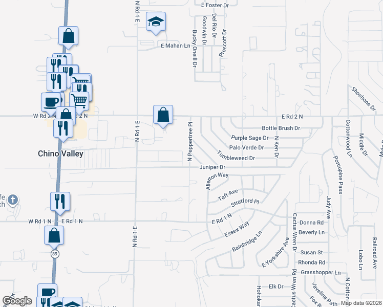 map of restaurants, bars, coffee shops, grocery stores, and more near 1001 Greasewood Alley in Chino Valley