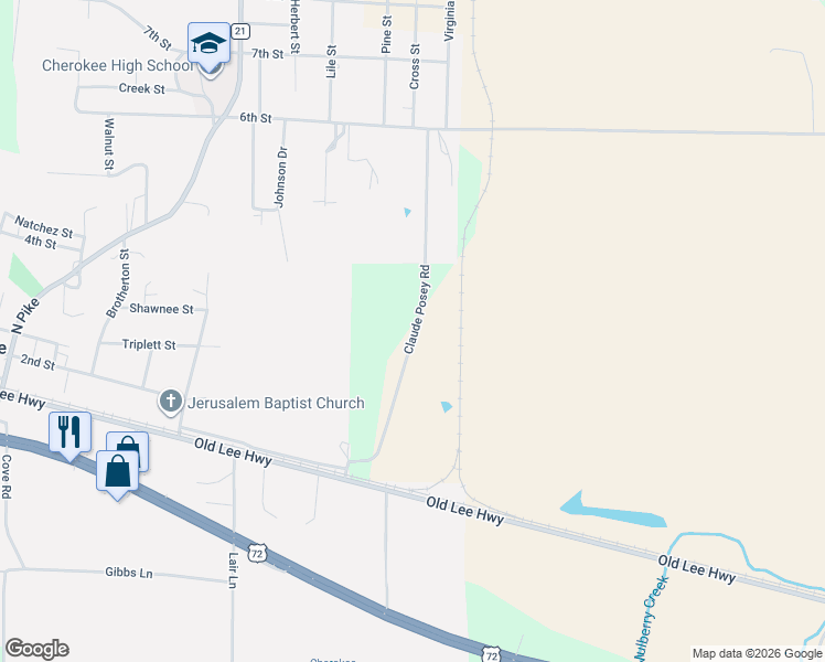map of restaurants, bars, coffee shops, grocery stores, and more near 663-667 Claude Posey Road in Cherokee