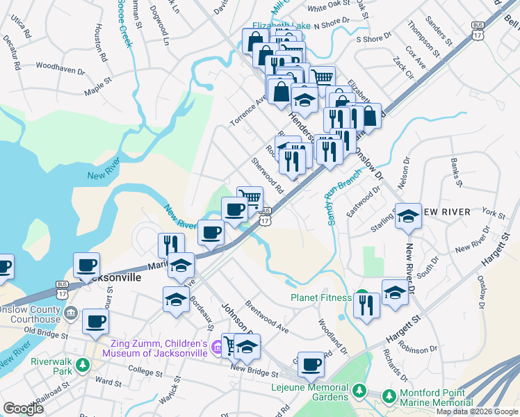 map of restaurants, bars, coffee shops, grocery stores, and more near 107 Queens Road in Jacksonville