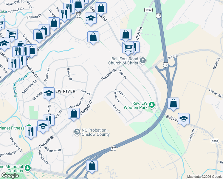map of restaurants, bars, coffee shops, grocery stores, and more near 11 Kitt Drive in Jacksonville
