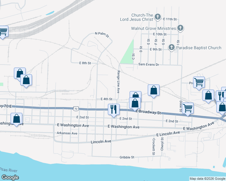 map of restaurants, bars, coffee shops, grocery stores, and more near 401 North Redwood Street in North Little Rock